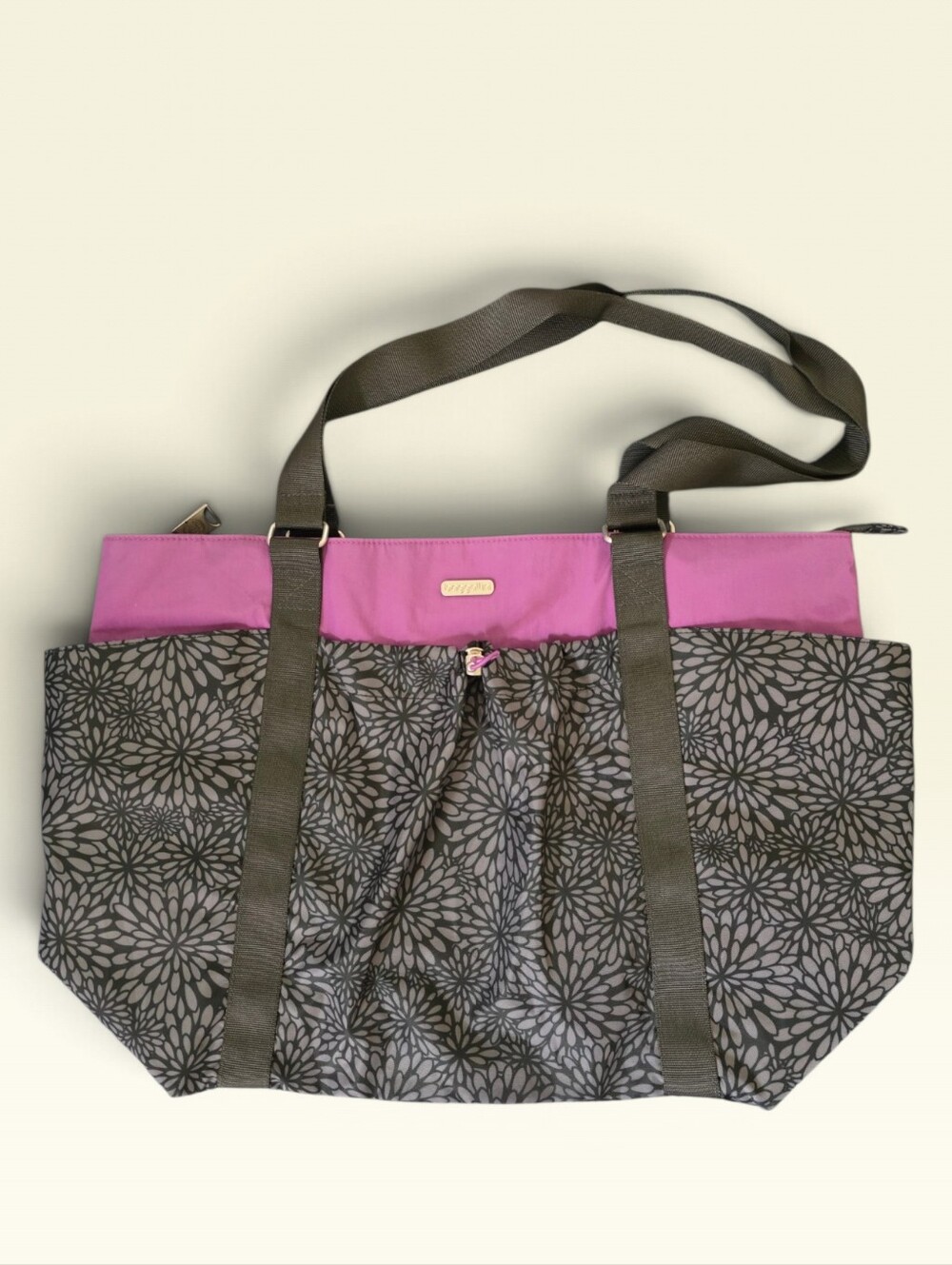 Baggallini Have It All Weekender Travel Tote Bag Pewter Floral Pink Trim 21.5"